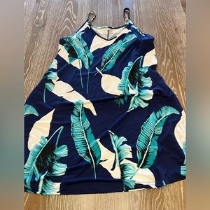 XL Palm Print Slinky Swing Dress. Navy Blue & Green